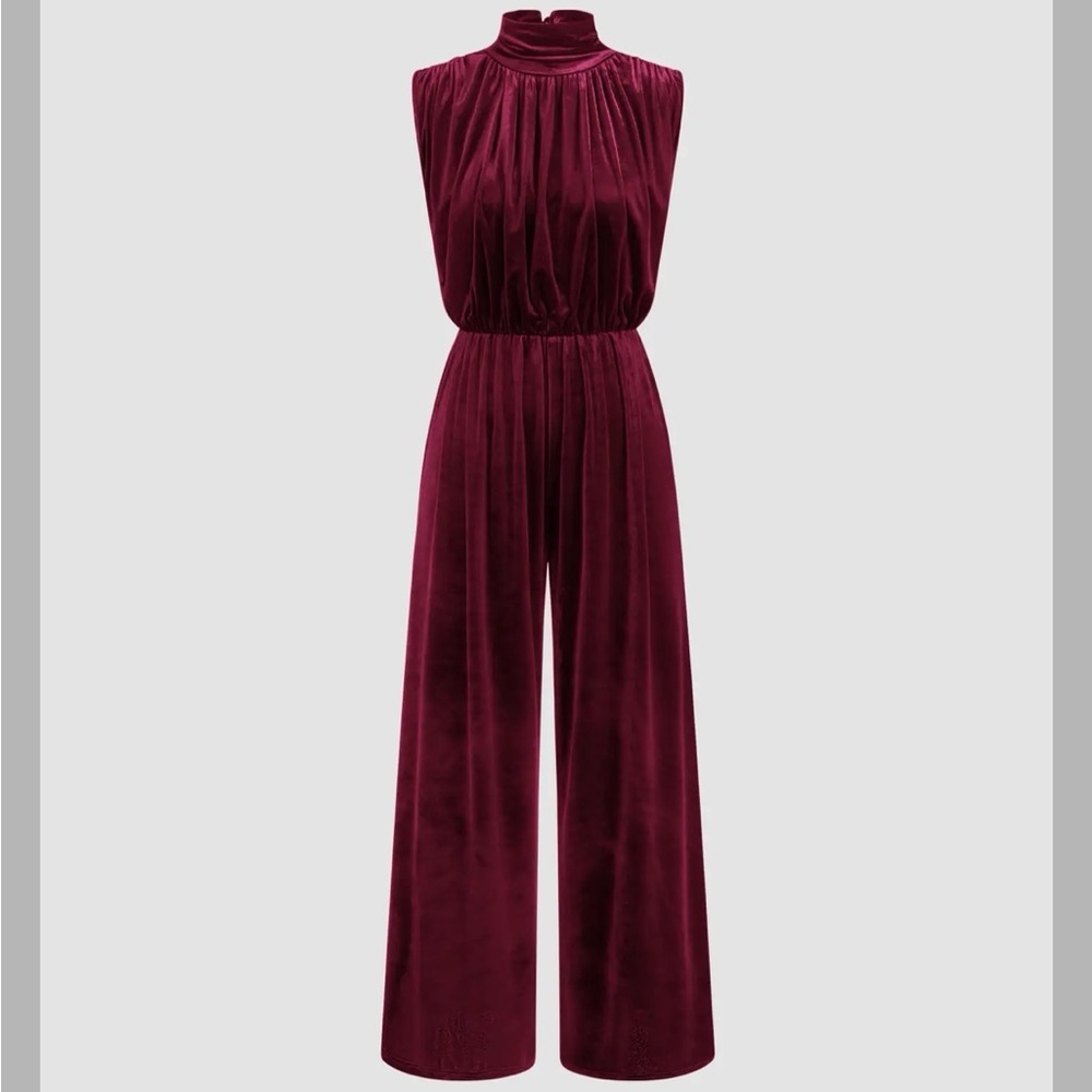 Cider VELVET HIGH NECK RUCHED ZIPPER WIDE LEG JUMPSUIT AB8-5 XL